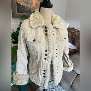 Black Rivet Faux Fur Cuff Collar and Lining Corduroy Jacket Snap Closure Y2K